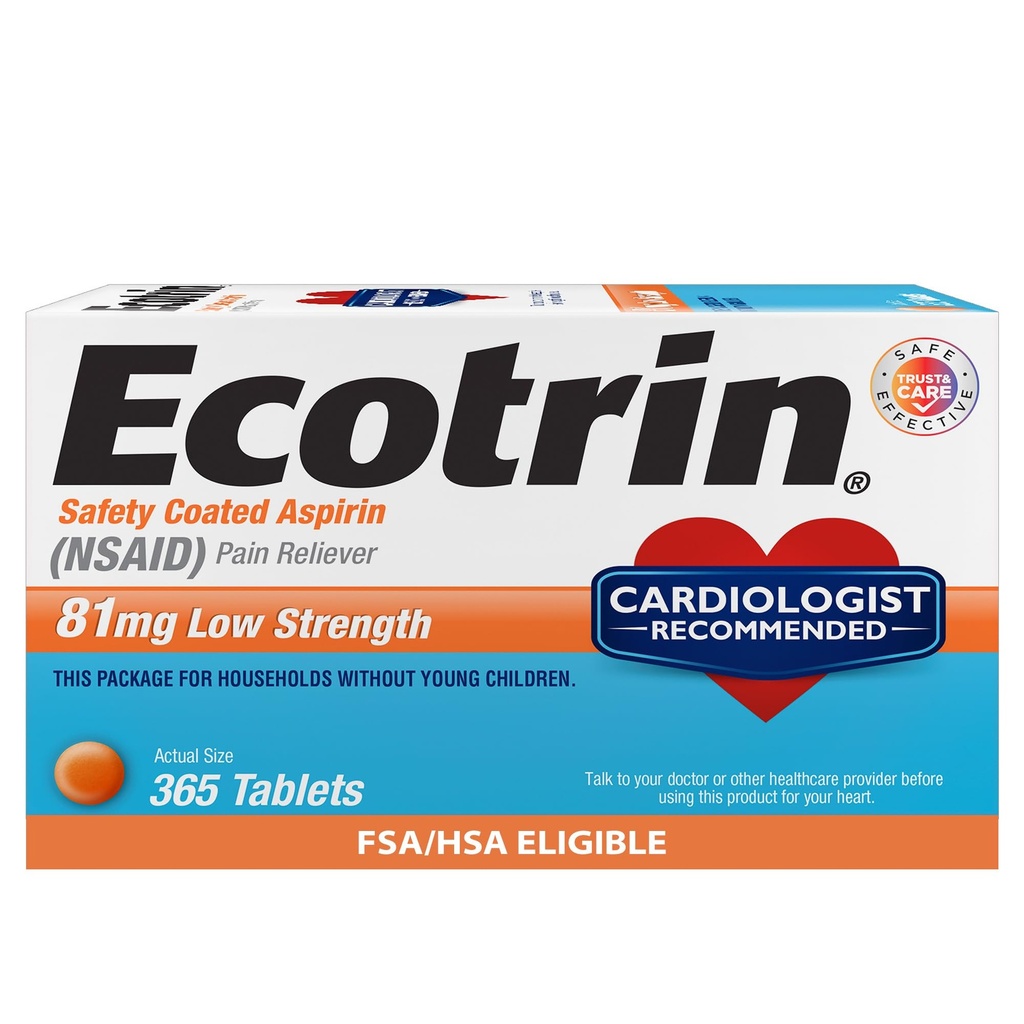 Ecotrin Low Strength Aspririn, (NSAID) Pain Reliever, 81mg, 365 Count