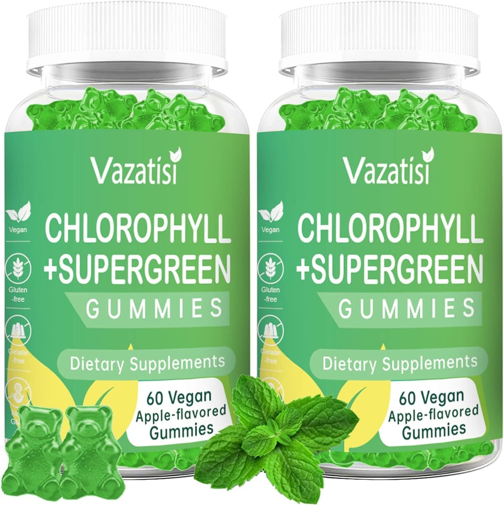 2 Pack Chlorofil Gummies dengan Organic Supergreens, Natural Antioksidant, Energy Boost, Ammune Support, Ditrable, Skin Care, Women & Men & Kid - 120 Vegan Organik Gummies