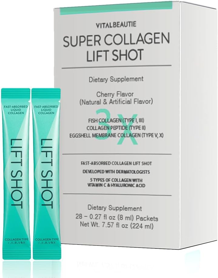VITALBEAUTIE Liquid Collgen for Women, SuperCollagen Lift Shot - Premium Multi Collagers Tipe I, II, III, V, X 1500mg dengan Hyaluronic, Vitamin C, Third Party Certifikasi, Larusis Tinggi