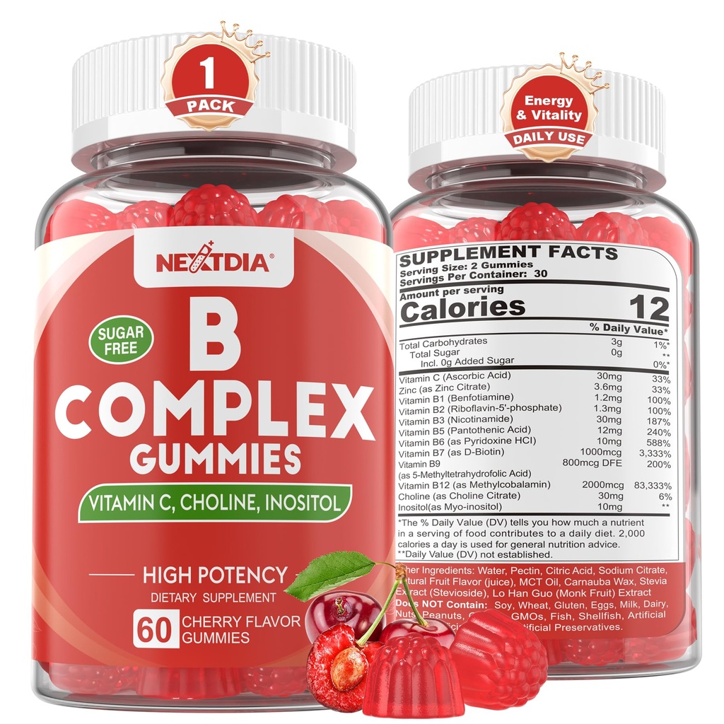 Vitamin B Complex Gummies, Vegan Vitamin B Gummies with 2000 mcg Metyl B12, Metyl Faunk 124; Plus Chooline + Inositol, Vitamin C + Zinc for Supports Energy, Mood, Immune, Healthy Hair, Skin - 60 Cts