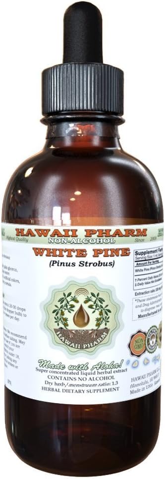White Pine Alcohol- Free Liquid Extract, White Pine (Pinus Strobus) Dried Bark Glycerite Natural Herbal Suplemen, Hawaii Pharm, USA 4 f.oz