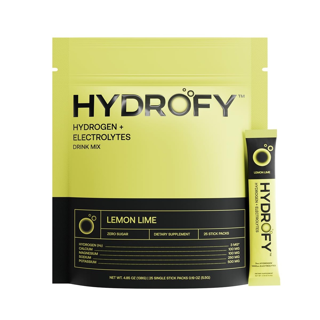 Hydrofy Hydrogen Water + Electrolytes Minum Mix 124; H2 Paket Hidration dengan Molecular Hydrogen, Sodium, Potasium, Magnesium, Kalsium, dan Mineral 124; Tidak Gula 124; Lemon Lime 124; 25 ct