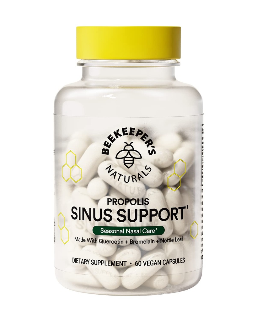 Ikhlas Beekeeper All Natural Sinus Dukungan untuk Dewasa, Seasonal Nasal Care Relief dengan Propolis, Quercetin, Bromelain, Nettle Leaf, & Vegan Capsule, Blocks atau Suspressed Histamine, 60 ct