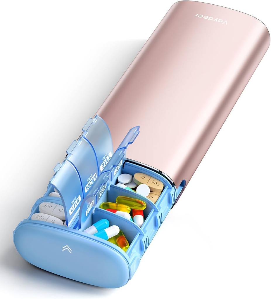 Vaydeer 7 Day Weekly Pill Organizer 2 Kali sehari, Metal Am Pm Travel Case, Large Capacity Dua kali Kotak Pil Cute untuk Tambahan, Pil, Vitamin dan Obat (Rose Gold)