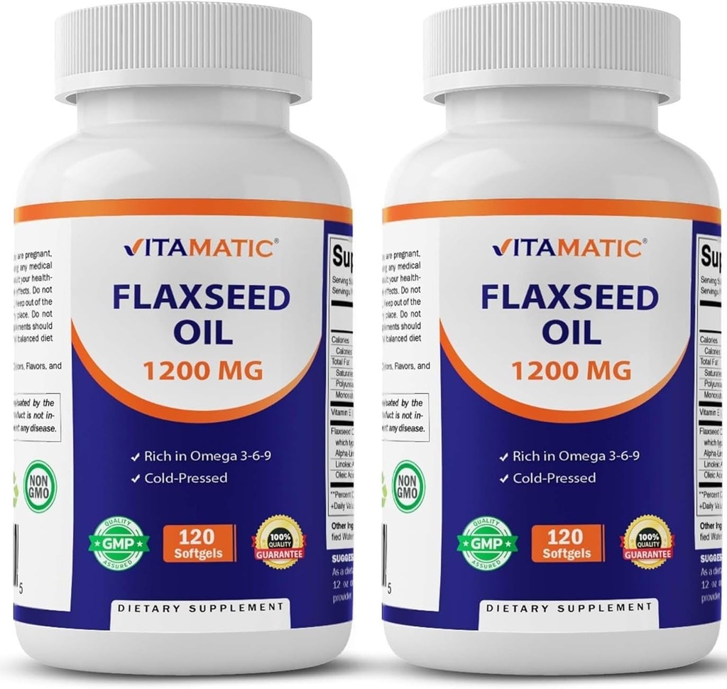 Vitamatic 2 Pack Flaxseed Oil 1200mg 120 dari Cold Menekan Flax Seed - 675 mg ALA Omega 3 Fatty Acids for Imporving Heart Health