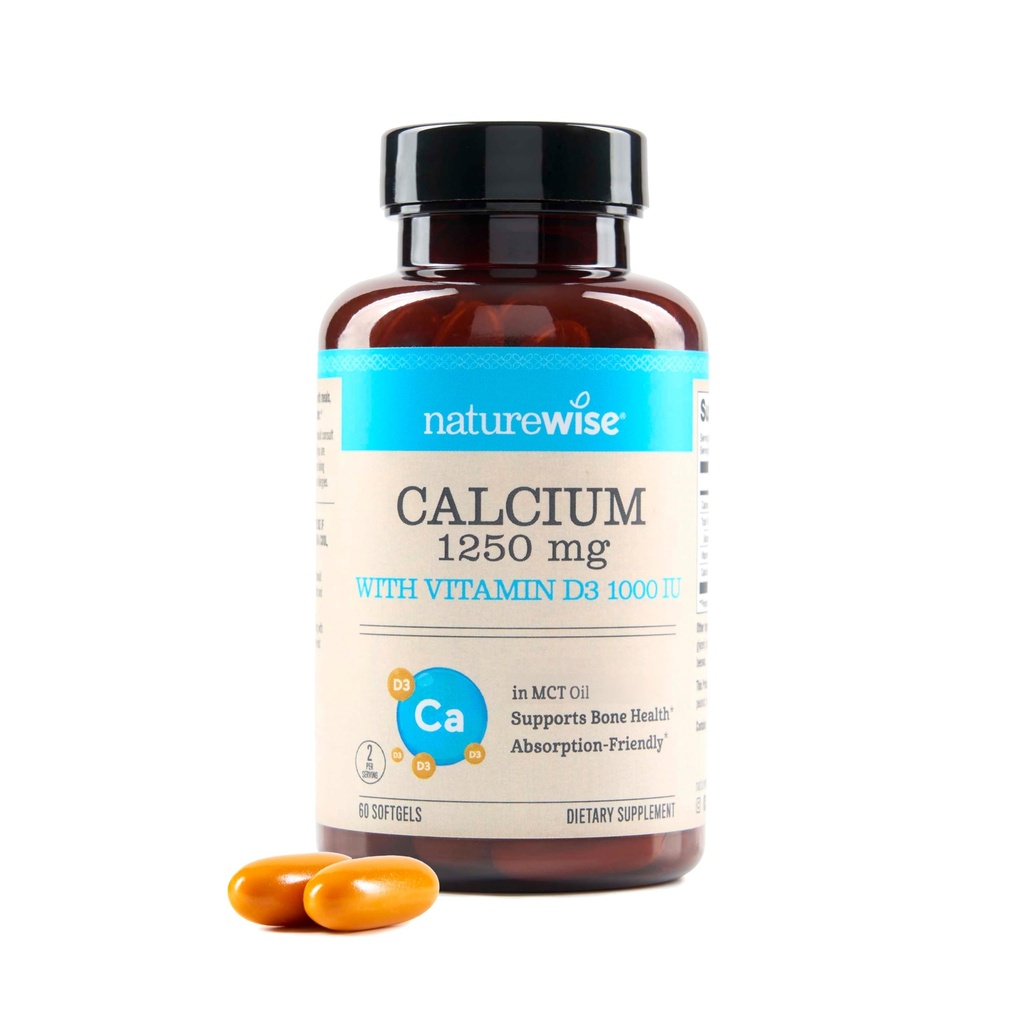 Naturrewise Highfure, All- Natural Calcium 1250mg + Vitamin D3 1000IU + Organic MCT Coconut Oil - Pregnancy Safe + Non- GMO - Absorpsi Frid, Gluten Free - 60 Softgeels [30- Day Supply]