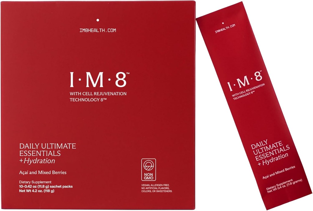 IM8 Daily Ultimate Esenitials All -inOne Multivitamin Suplement, 92 Nutrient Rich Ingreents CoQ10, Progories, Vitamin, Hijau, Gluten Free, Vegan, Acai Mixed Berry (10 Pelayan, Paket Perjalanan)