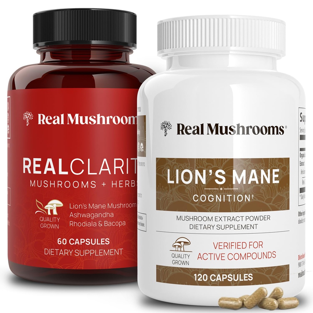 Jamur Real Reality (60ct) dan Lions Mane (120ct) Capsules Bundle - Mushroom Supplemen Kesehatan Otak, Mental Clarity, Fokus, Penyatuan & Imune Dukungan - Otak Vitamin w / Ashwagandha