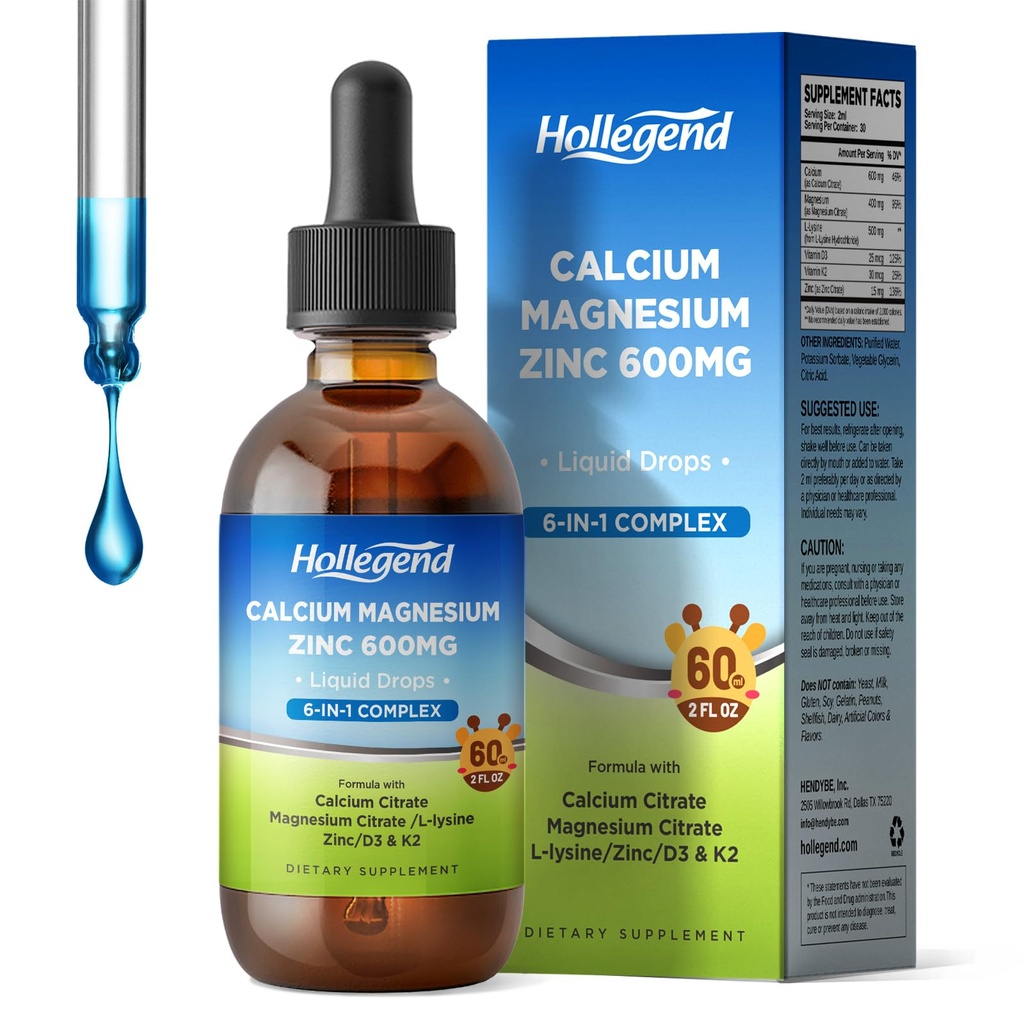 Liquid Calcium Citrate Drops with L-Lysine 500mg, Magnesium & Zinc, Kalsium Citrate 600mg Suplemen dengan Vitamin D3 & K2 untuk Anak-anak & Dewasa, 2 Fl Oz
