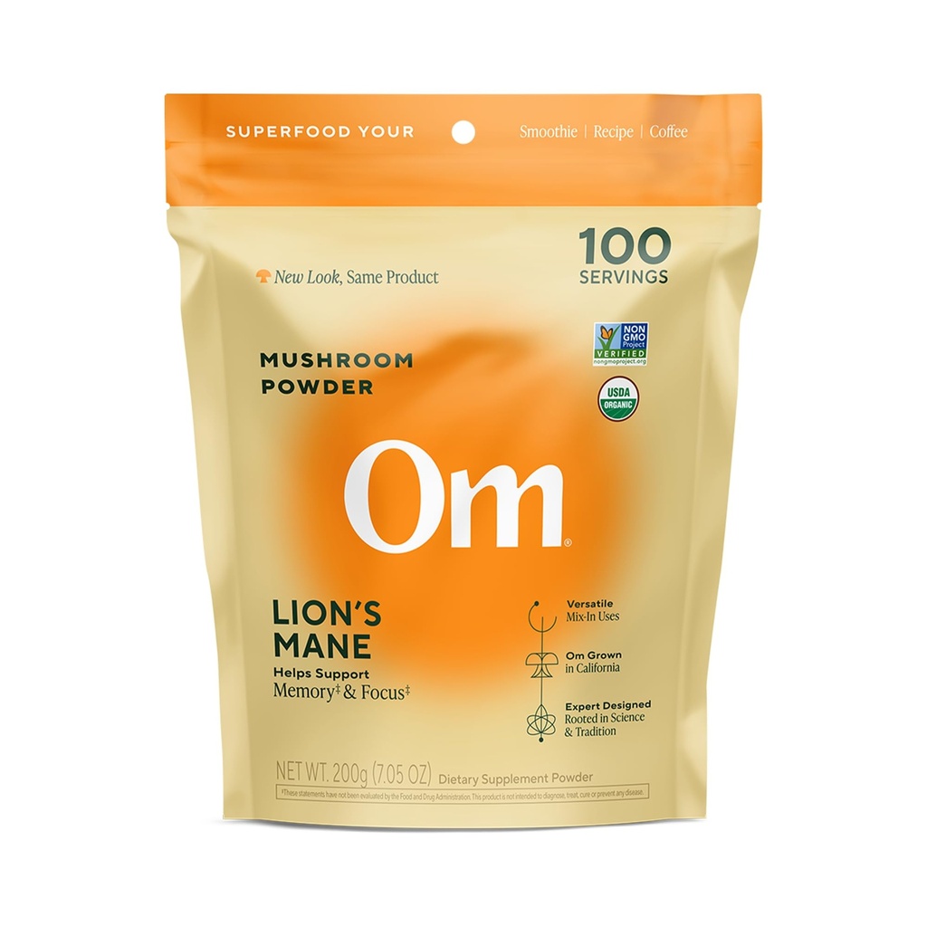 Om Lion 's Mane Mushroom Powder - Organik Mushroom Suplemen dan Nootropic - Dukung Memori, Fokus dan Kesehatan Nerve, 7.05 oz (100 Pelayan) ASAP