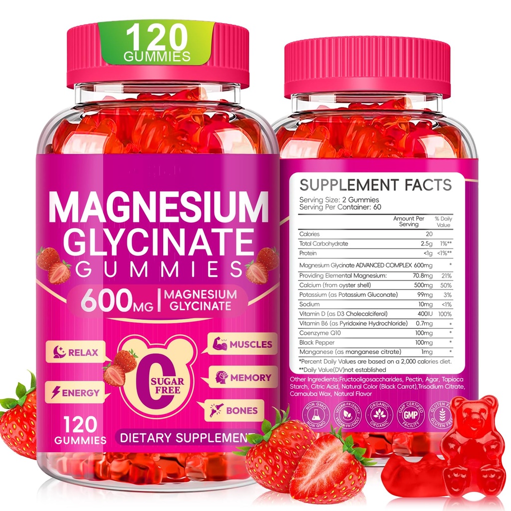 Magnesium Glycinate Gummies 600mg, Chewable Sugar Free Potasium Magnesium Gummies dengan Magnesium Glycinate, Vitamin D, B6 dan CoQ10 untuk Tidur, Relaxation, Brain and Muscle, 60 Days Suppply