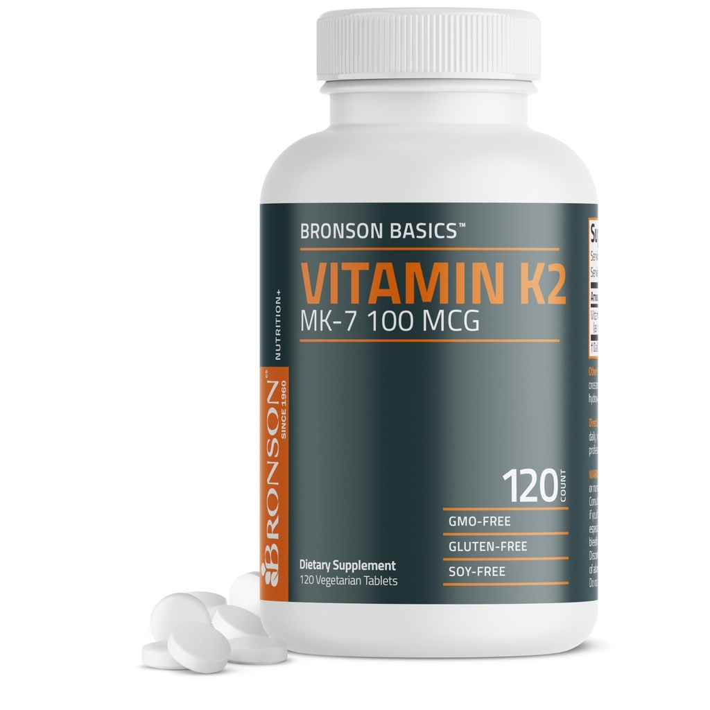 Bronson Vitamin K2 MK-7 100 MCG, K2 sebagai MK7 Menaquinone, Bone Dukung Non- GMO, 120 Tablet