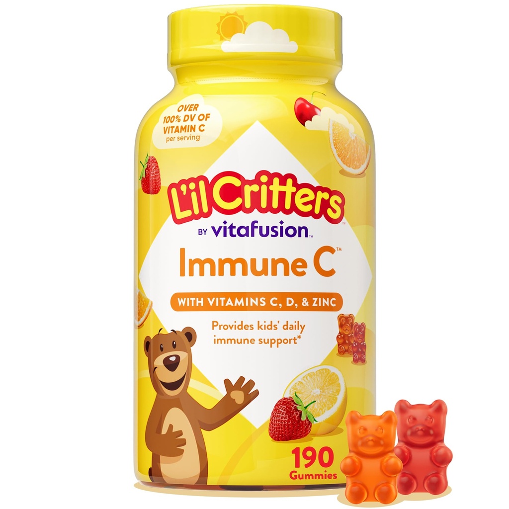 L 'il Criters Immune C Daily Gummy Tambahan Vitamin untuk Anak-anak, untuk Vitamin C, D dan Zinc untuk Dukungan Imune, Orange, Lemon, Strawberry dan Cherry Flavors, 190 Gummies (Packing May Vary)