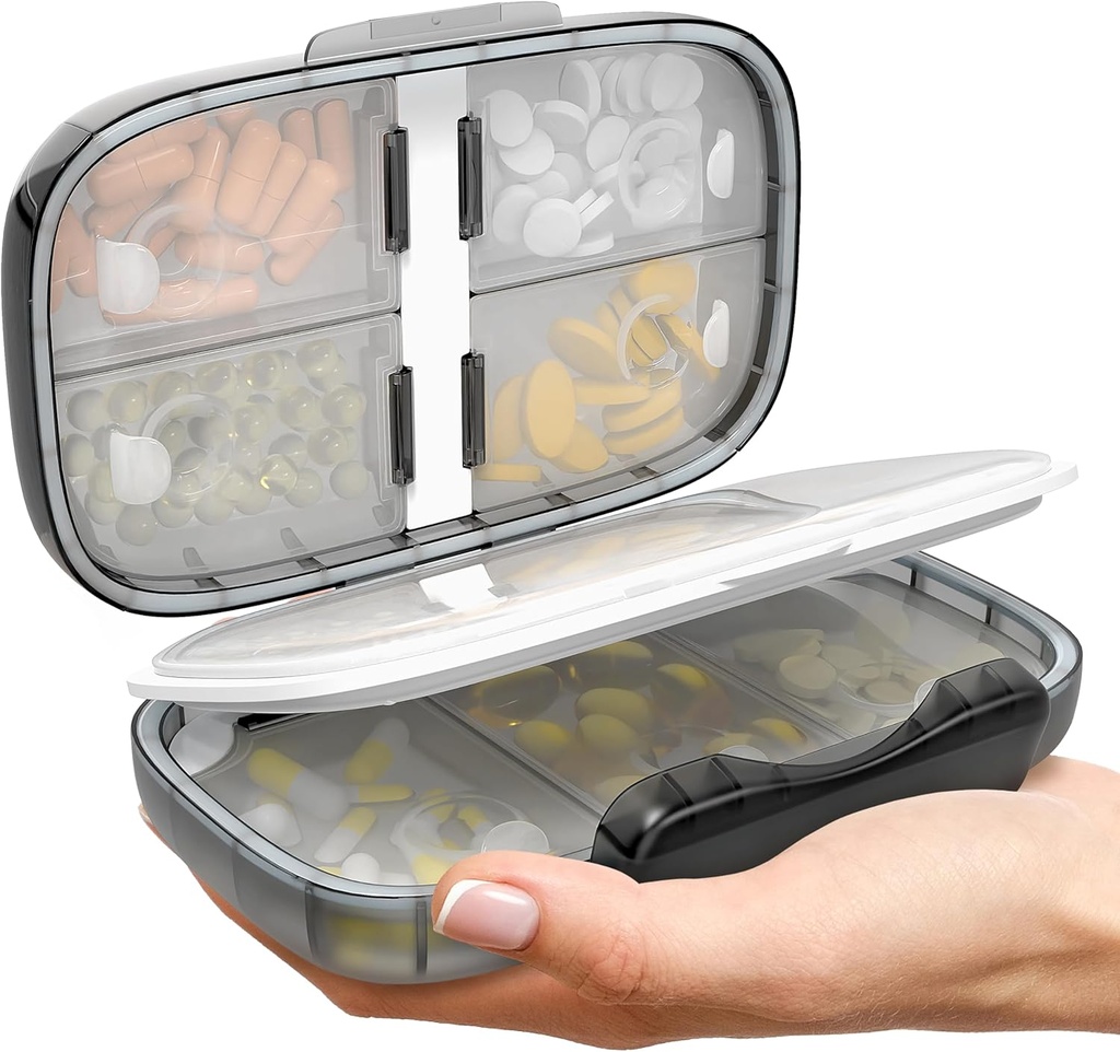 Travel Pill Organizer - Kasus Kedokteran Airtight untuk Traveling Portable Pharmacy Box dengan Label Vitamin Container 8 Comment Medication Holder Capacity Daily (Black-2)