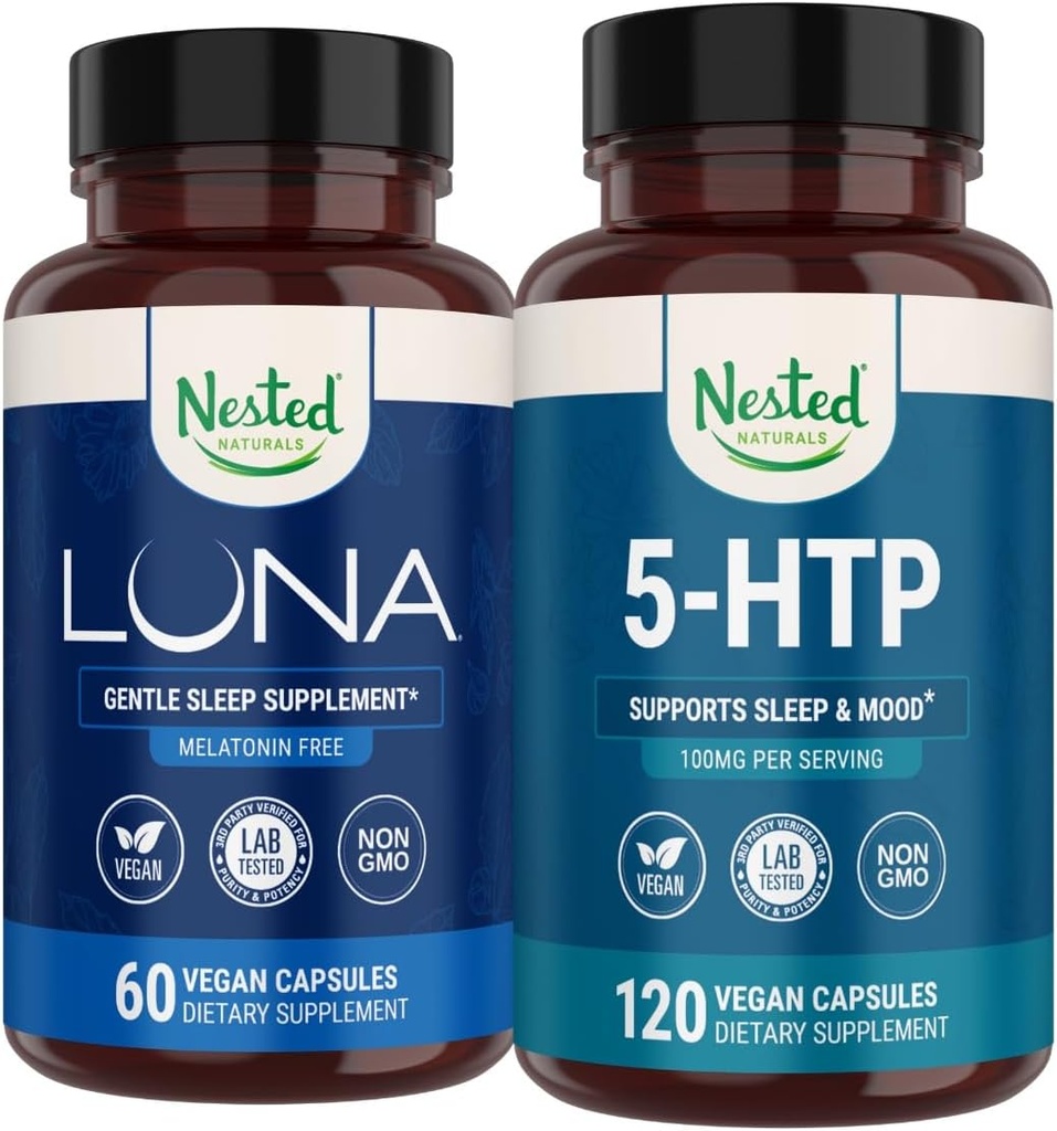 Suplemen Luna Melonain- Free Sleep (60 Vegan Capsules) & 5- HTP 100mg (120 Vegan Capsules) untuk Imprected Sleep, Relaxation & Mood