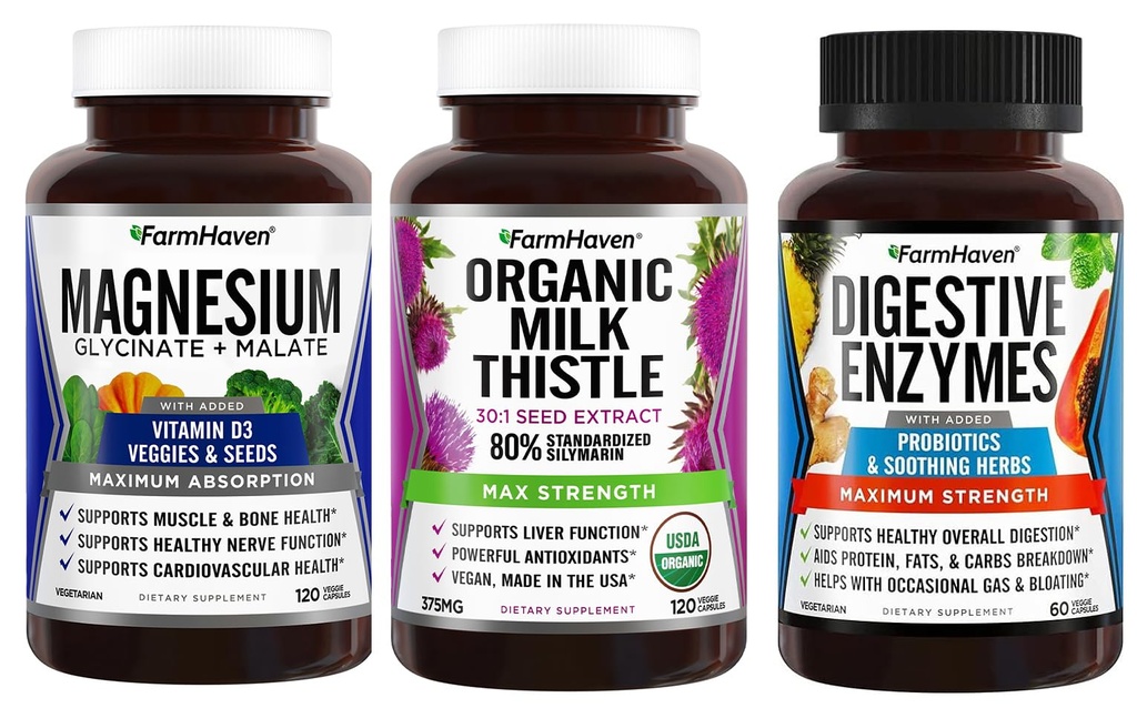 FarmHaven Magnesium Glycinate & Malate + Milk Thistle + Digetical Enzymes with Progories