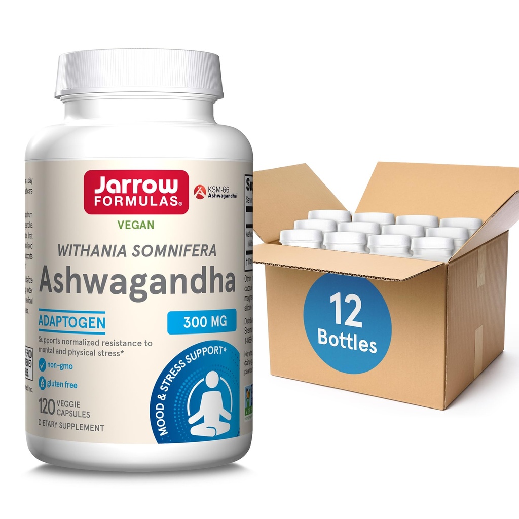 Jarrow Formulas Ashwagandha 300 mg - 120 Veggie Capsules - Overall Health & Resistance to Fatigue - Support Endurance, Muscle Recogitive Health - 60 Servings (Paket 12)