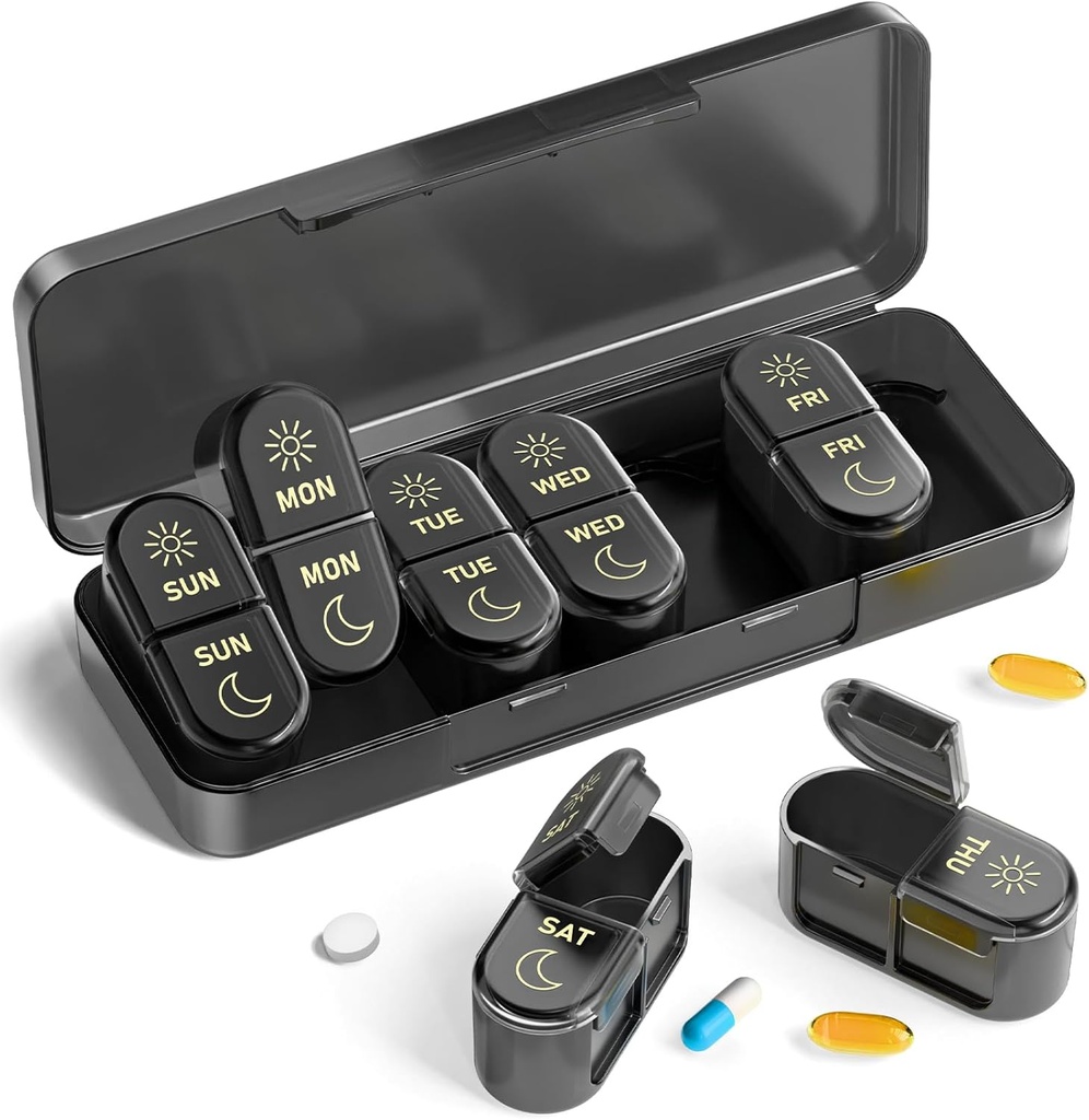 AM & PM Pill Organizer 7 Days, Weekly Pill Case 2 Times sehari, Pill Box 7 Day, Medicine Pill Organizer for Travel, Vitamin, Fish Oils, Suplemen