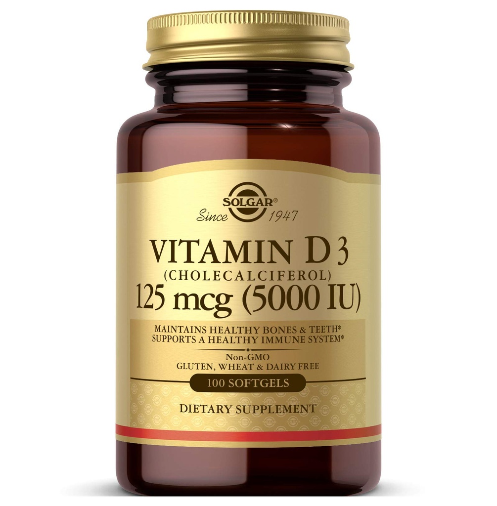 Solgar Vitamin D3 (Cholecalferol) 125 MCG (5000 IU), 100 Softgels - membantu mempertahankan Tulang dan Gigi - Dukungan Sistem Imune - Non GMO, Bebas, Dairy Free - 100 Pelayan