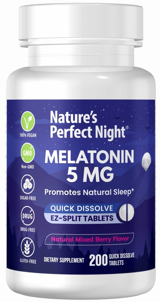 Nature 's Perfect Night 124; Melonain 5mg 124; 200 Quick Dissolve Tablets 124; Natural Mixed Berry Flavor 124; Presented Potency 124; Sugar Free 124; Vegan 124; Gluten Free Berry 124; Value Size