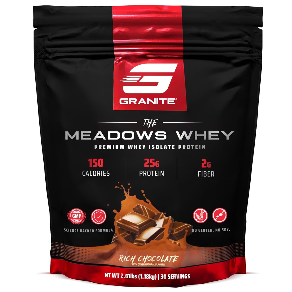 Suplemen Granite: Meadows Whey Protein Isolat Bubuk Protein untuk Lean Muscle dengan 150 Kalories, 2g Fiber, 1g Sugar (30 Servings), Kaya Chocolate Flavor
