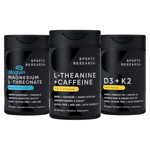 Penelitian Olahraga Magtein Magnesium L-Thretonate Capsules (2000mg, 90 Kapsul), Vegan Vitamin D3 + K2 w / Organic Coconut Oil (5000iu VIT.