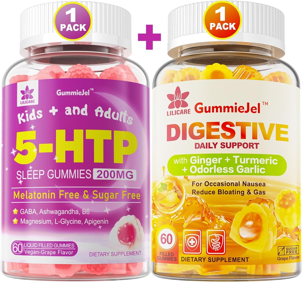 Ginger Chews Supplement Gummies for Nausea, Stomach Relief & 5HTP Gummies for Dewata & Anak-anak 8 + dengan GABA + Magnesium Glycinate
