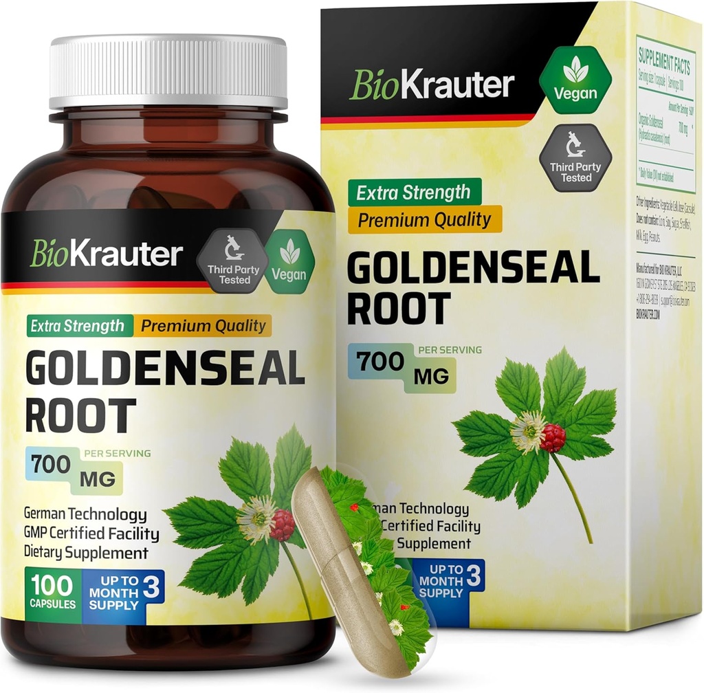 BIO KRAUTER Goldenseal Root Capsule 700 mg - 100 Golden Seal Powder Caps - Respiratory & Digetical Support - Vegan, No Filler