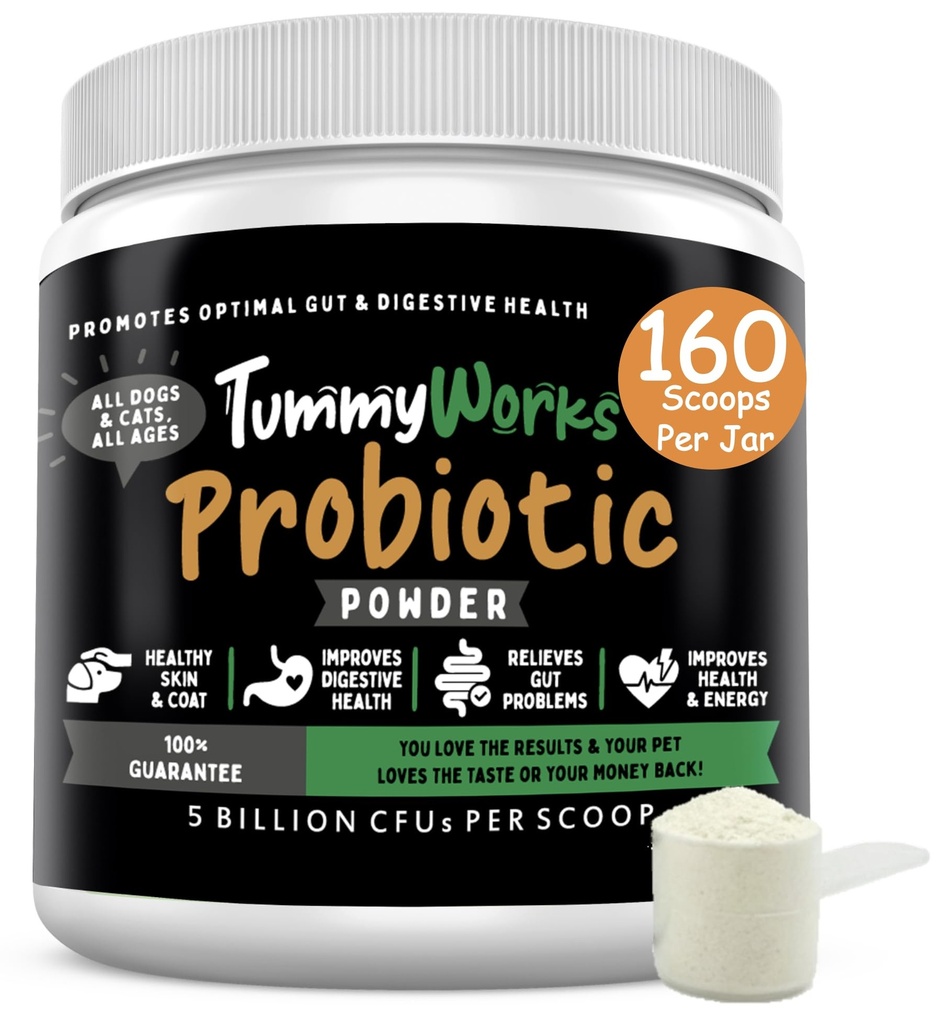 TummyWorks Probiotic Powder for Dogs & Cats. Dengan Enzymes Digeptical & Prestics. Dibuat di Amerika Serikat - 160 Scoops