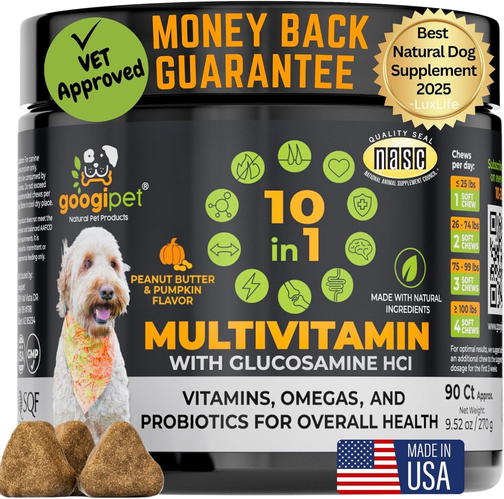 Googipet Premium 10 dalam 1 Dog Vitamin Multivitamin Chewable dengan Progories for Gut Health, Dog Vitamin and Suplemen