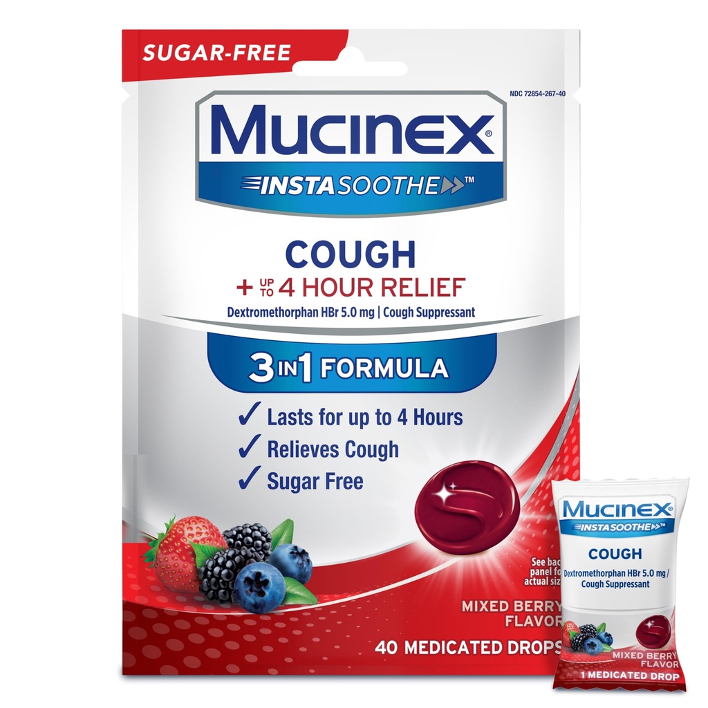Mucinex Intasothe Sugar Free Cough Drops, Cough Medicts for Adules with Dextromethorphan HBr, Non Menthol Cough Drops, Cough Suppresant Lozenges, Mixed Berry Cuugh Drops, 40ct