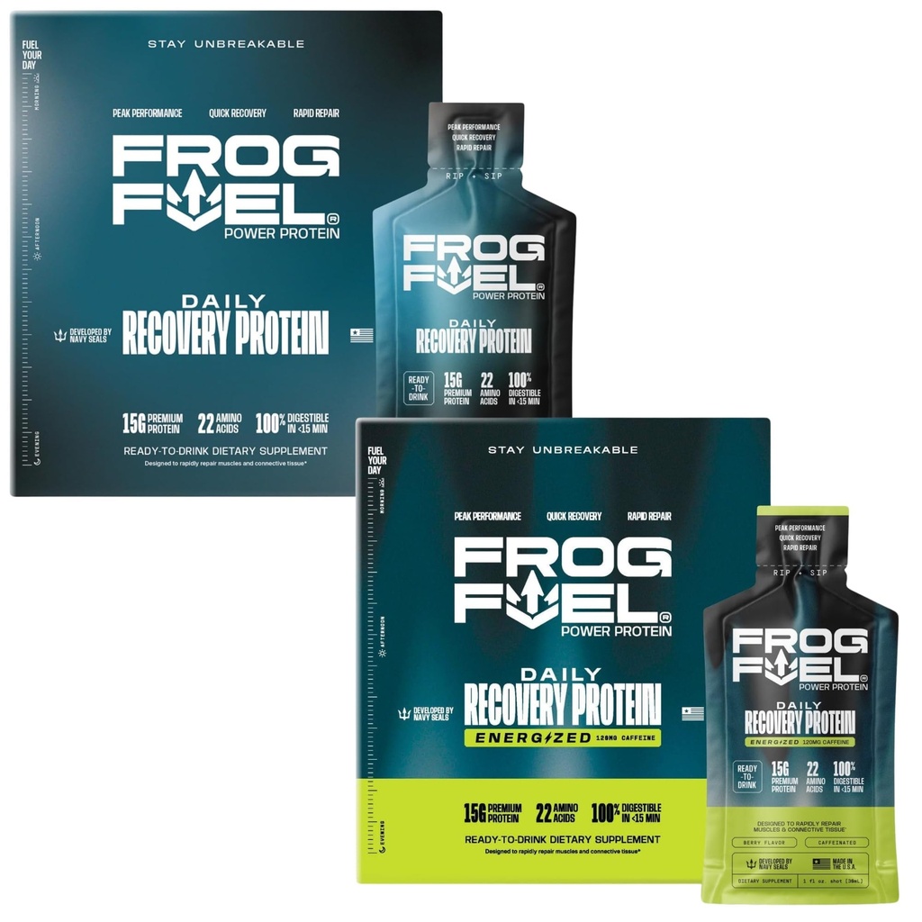Kodok Power Fuel Reguler & Power Energized Complete Protein Shot Bundle, 15g Protein Nano-Hydrolyzed Grass Fed Collagen, Post Workout, Fat & Sugar Free, 22 Amino Acids, Berry, 1 oz Packets, 48 Pack