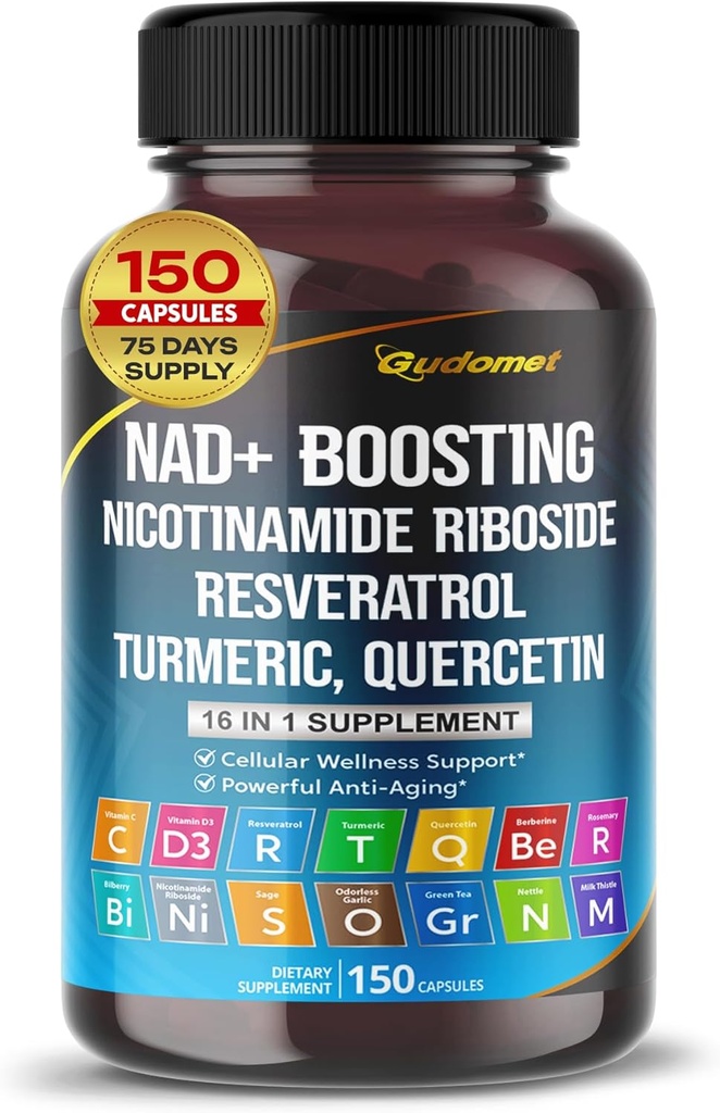 NAD + Boosting Transport - Resveratrol Turmeric Quercetin Rosemary Bilberry Sage Green Tea Oregano Nettle Milk Thistle Black Pepper -150 Capsules- dibuat di USA