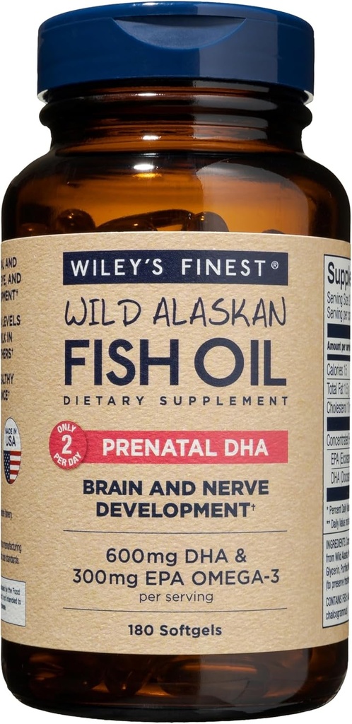 Wiley 's Finest Wild Alaska Fish Oil Prenatal DHA - 900mg EPA dan DHA Omega - 3s for Pregnant Women and Nursing Mothers - 180 Softgels (90 Prenatal Vitamin Seramin)