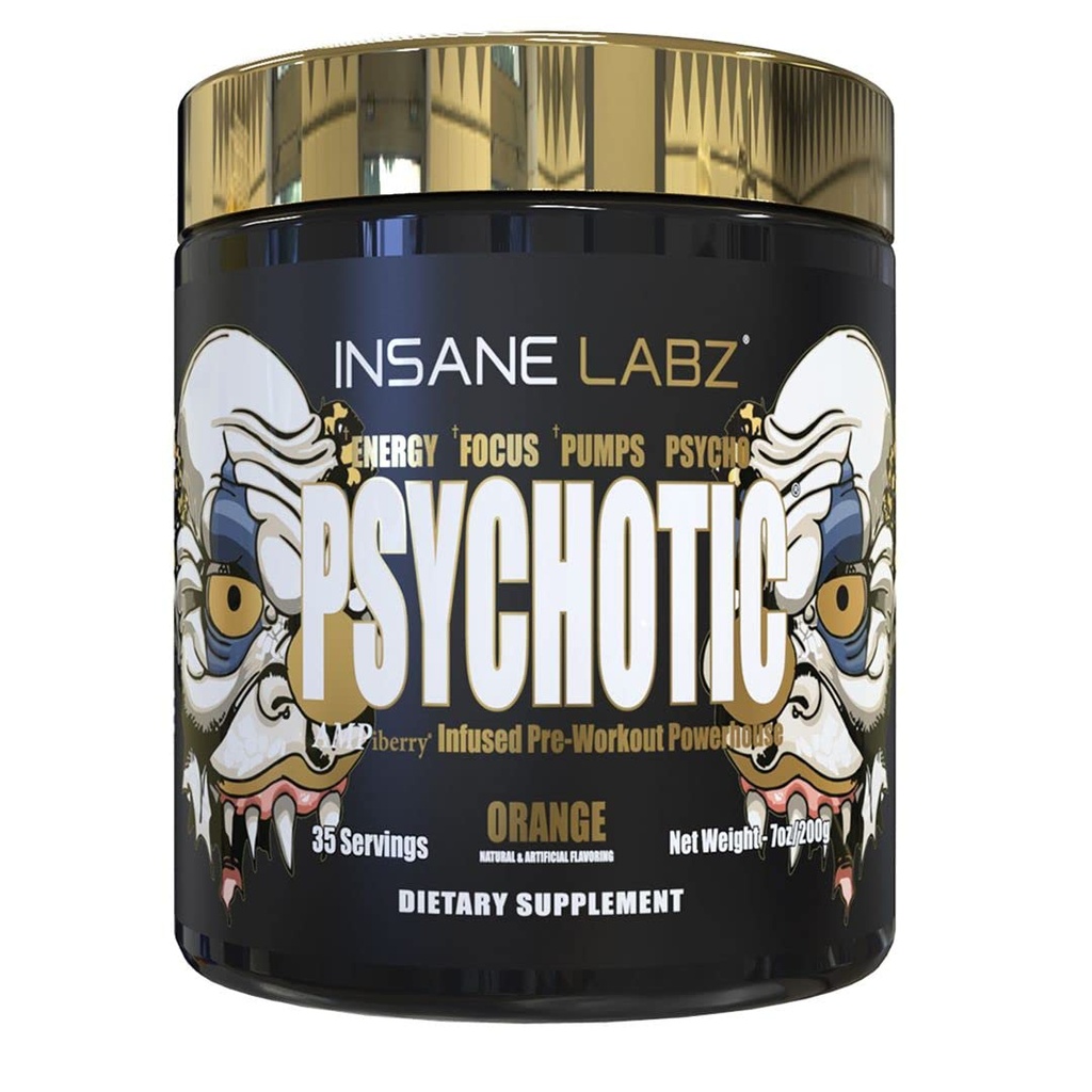 Emas Gila Labz Psychotic, Powder Pre Stimulant Tinggi, Fokus Ekstrim Lasting Energy, Pumps and Endurance dengan Beta Alanine, DMAE Bitarcrash, NO Booster (35 Pelayan, Orange)