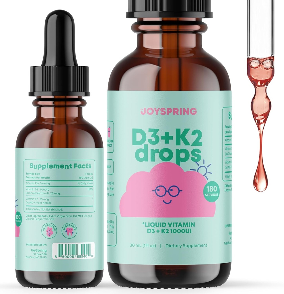 JoySpring Liquid Vitamin D3 dengan K2 Vitamin D untuk Anak-anak - Dukungan Imune untuk Anak-anak, Daily Multivitamin dengan Root Burdock & Elderberry untuk Anak-anak Hammune Booster dan Anak-Anak Natural Fokus Drops