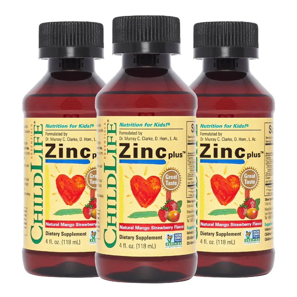 CHILDLIFE ESSENTIALS Liquid Zinc Plus for Kids & Toddler - Liquid Suplement Drops, Zinc Gluconate & Copper for Imune Support - Mango Strawberry, 4 Fl Oz (Paket 3)