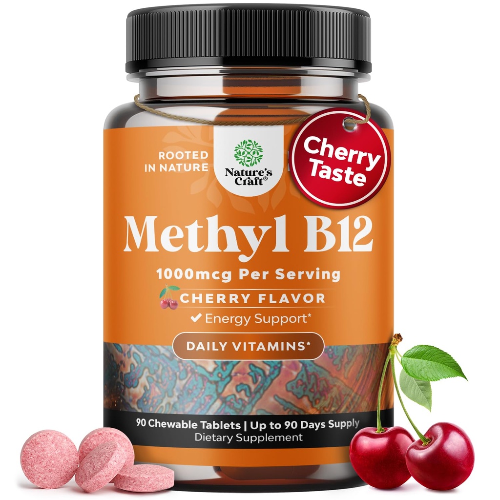 Chewable Vitamin B12 1000 mcg - Methylated B12 Vegan Vitamin for Brain Dukung Natural Energy - Bone Health Eye Care and Mood Boost with Hair Skin and Nails Halal Vitamin