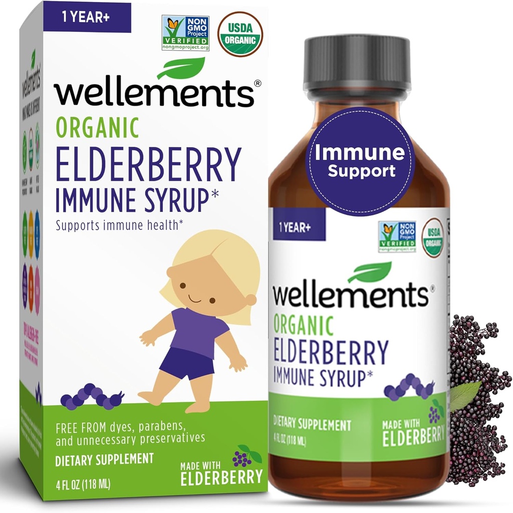 Wellification Organic Elderberry Syrup for Kids Alagly 124; Supports Ammune Health * for Baby & Toddlers, Made with Organic Elderberry, USDA Certifikasi Organik & Non GMO 124; 1 Year +, 4 Fl Oz