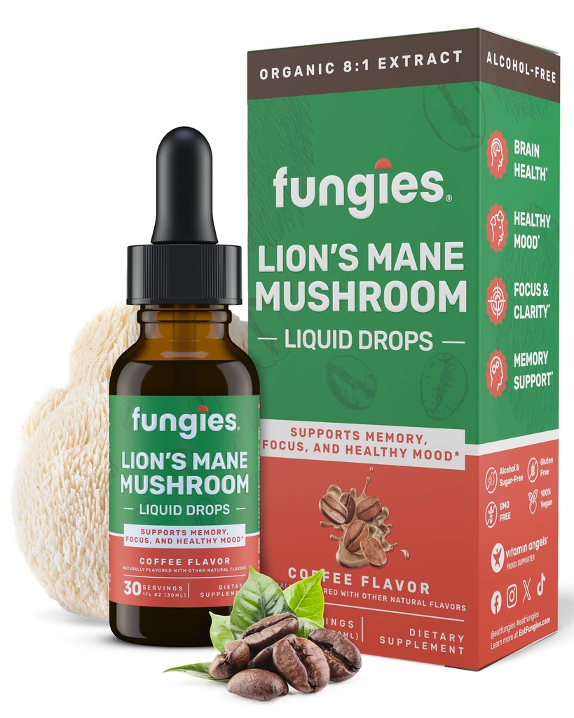 Fungies Lion 's Mane Mushroom Drops, Coffee - Tincture with Lions Mane Extract Support Brain Fog, Focus, Memory & Heally Mood - Mushroom Complex Suplement for Dewasa - 30 Servis