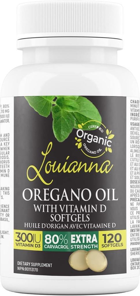 Louianna - Organic Wild Oregano Oil dengan Vitamin D, Liquid Softgel Capsules dengan 80 Percent Carvacrol, Supports Your Bones, Imune and Gut Health, Suplemen Herbal, 120 Softgels