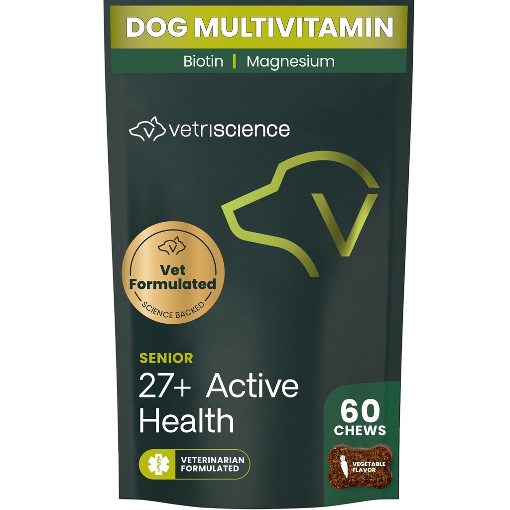 VetriScience Senior 27 + Active Health Chews, Canine Plus Daily Multivitamin for Senior Dogs, Balanced Vitamin, Minetary dan Antioksidants, Aging dan Wellness Dukungan, Veggie, 60 Count