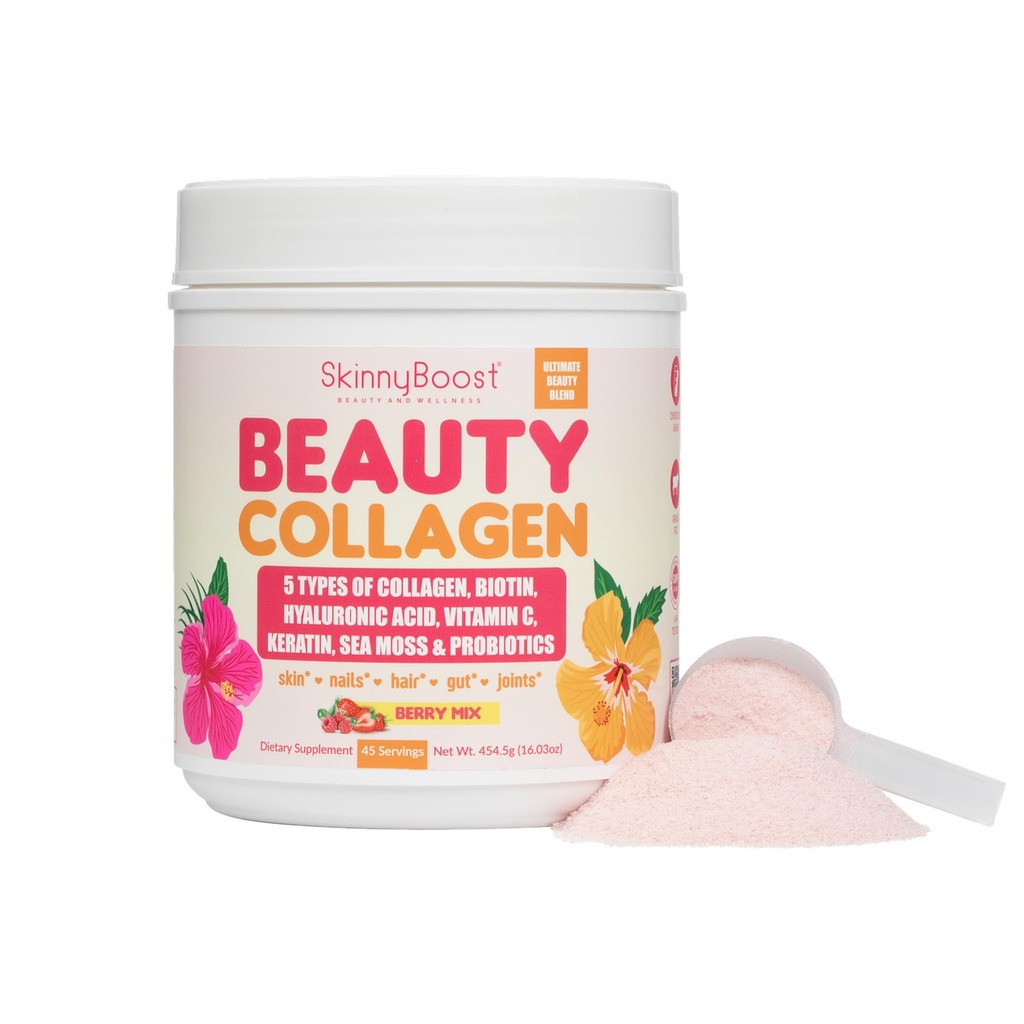 Beauty Collagen Powder-5 Tipes dari Collagen Hidrolyzed, Sea Moss, Biotin, Kertin, Acid Hyaluronic, Vitamin C dan Probiotik-Rambut, Skin, Nails- All Natural, Dibuat di USA-45 Cukai - Dicampur Berry