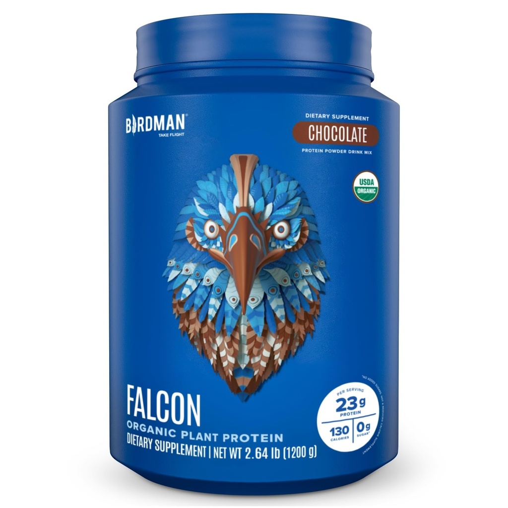 BirDMAN Falcon Vegan Powder Organic, Stevia & Sugar Free, Plant Based Protein, Low Carb, Dairy Free, Keto, Non Whey Protein, Probiotic, Pea Protein 124; Chocolate Flavor - 37 Servings - 2.64lb