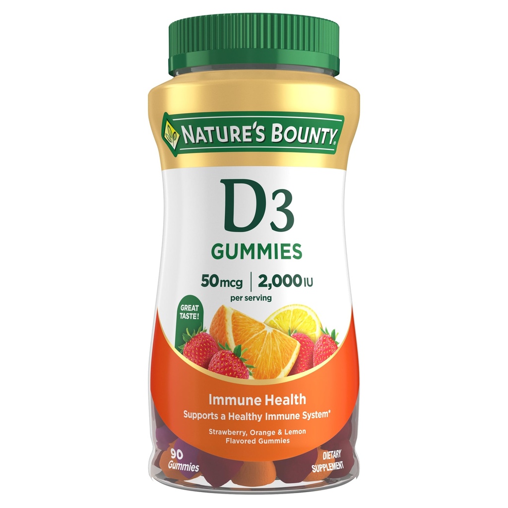 Nature 's Bounty Vitamin D3 Gummies, Vitamin Supplemen, Support Immune Health, 50mcg, 2000IU, Mixed Fruit Flavor, 90 Gummies