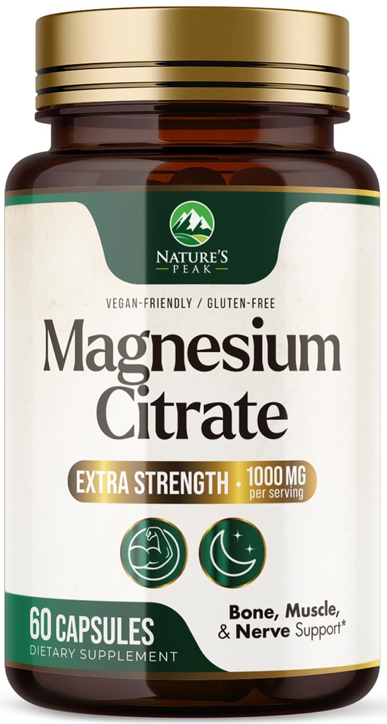 Magnesium Citrate 1000mg - Tinggi Absorpsi Magnesium Suplemen Magnesium Pasokan Otot, Tulang, Nerve & Heart Kesehatan - Ekstra Kekuatan Magnesio Kompleks Pil - Non-GMO, Premium Energi Formula - 60 Kapsul
