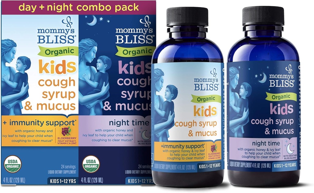 Kebahagian Kebahagiaan Ibu Batuk Organik Syrup & Musus untuk Anak-Anak, Siang dan Malam Combo Berkemas dengan Dukungan Vitamin C dan Kebal Nasional, Berisi Madu Organik dan Daun Ivy, 4 Fl Oz (Paket 2)