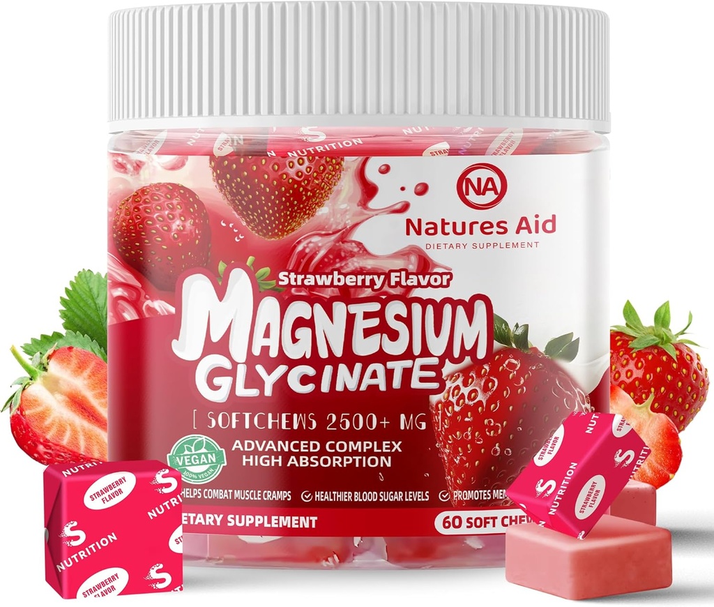 Magnesium Glycinate Soft Chews, Strawberry Flavor. Chewable Sugar Free Potasium Magnesium Chews with Magnesium Glycinate, Vitamin D, B6, and CoQ10 for Calm Support & Sleep for Dewasa, 60 Days Suppply