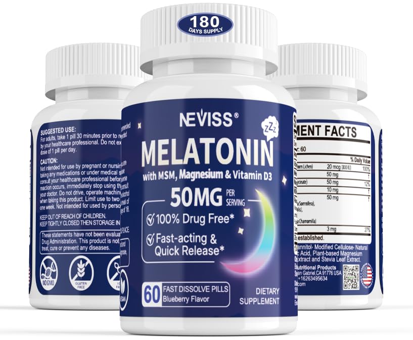 Melonatin 50 mg untuk Dewasa - Ekstra Kekuatan 9-1 Fast Dissolve Sublingual - w / Vitamin D3 & MM, Relaxing Herbal Blend- Ashwagandha, Lemon Balm, Passionflower, Chamomile, Sugar Free, Vegan 180 Servings
