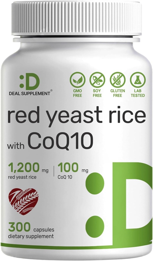 Suplemen Red Yeast Rice 1.200mg Per Serving dengan CoQ10, 300 Kapsul - Antioksidant Dukungan - Murni Monascus Purpureus Powder Sumber - Citrinin Bebas, Non-GMO